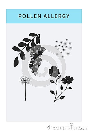 Pollen allergy vector icons set with spring flowers. Seasonal allergy. Infographic concept. Vector Illustration