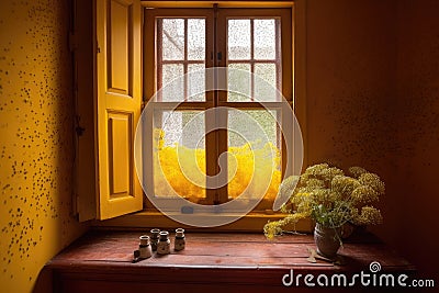 pollen-covered window in a quiet room Stock Photo