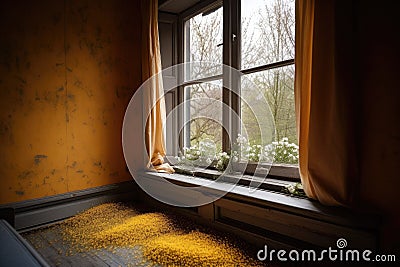 pollen-covered window in a quiet room Stock Photo