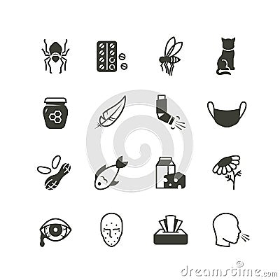 Pollen, dust, wheat and cat allergy and rhinitis icons set. Allergic and allergen vector medicine symbols isolated Vector Illustration