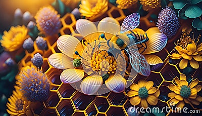 Pollen in honeycombs, top view, macro image with selected focus on digital art concept, Generative AI Stock Photo