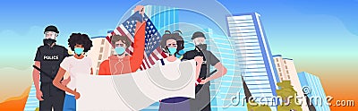 Pollice officers with mix race protesters in masks holding empty banner labor day celebration coronavirus quarantine Vector Illustration