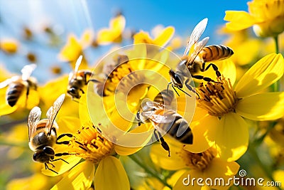 Insect honey pollen beauty pollination garden closeup bee nectar flower orange nature blossom Stock Photo