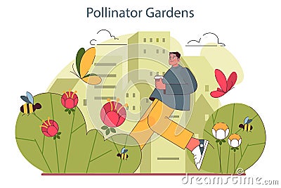 Pollinator garden. Summer countryside plants and meadow flowers Vector Illustration