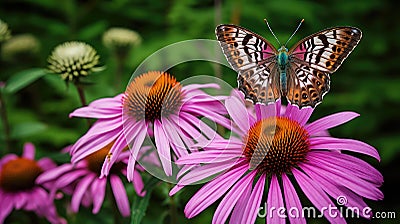 pollinator isolated coneflower butterfly Cartoon Illustration