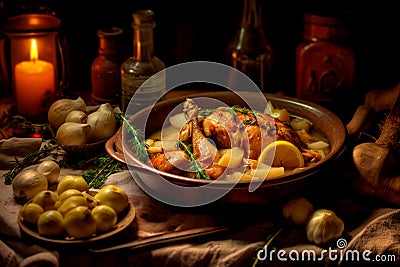 Pollo al Ajillo - Garlic chicken cooked in olive oil and white wine Stock Photo