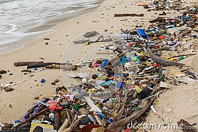 Polluted beach - plastic waste, trash and garbage closeup Stock Photo