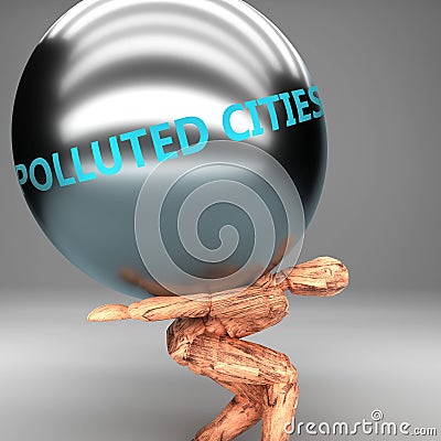 Polluted cities as a burden and weight on shoulders - symbolized by word Polluted cities on a steel ball to show negative aspect Cartoon Illustration