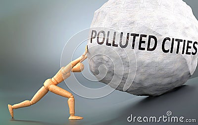 Polluted cities and painful human condition, pictured as a wooden human figure pushing heavy weight to show how hard it can be to Cartoon Illustration