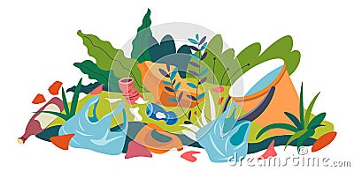 Polluted and contaminated forest with garbage Vector Illustration