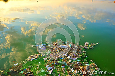 Polluted, dirty Black sea in Romania with plastic waste in the water Editorial Stock Photo