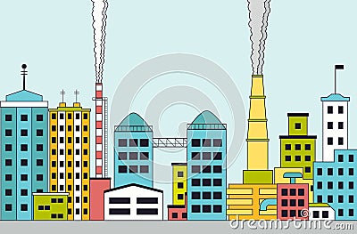 Polluted industrial city with factories. Vector Illustration