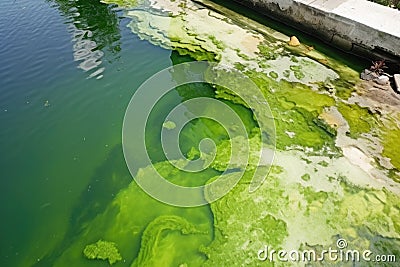 a polluted pond with greenish water and blooms of algae Stock Photo