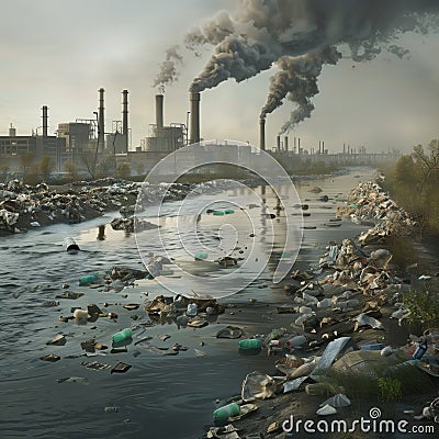 Polluted river with industrial background and trash Stock Photo