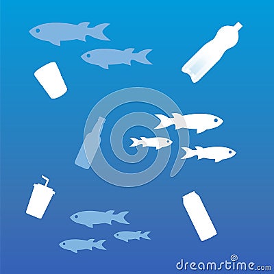 Polluted sea bottles, glasses and other plastic items Vector Illustration