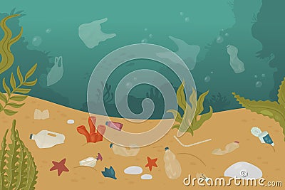Polluted undersea underwater ocean sea dirty landscape, marine pollution ecology problem Vector Illustration