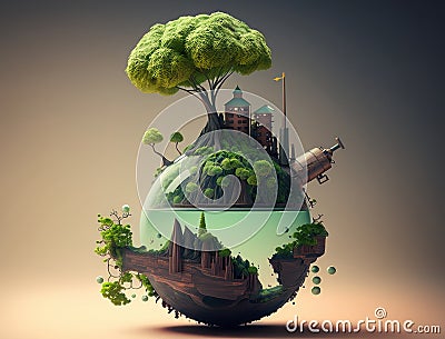 Polluting factory and green tree balancing on a globe. Save the world concept. AI generative Stock Photo