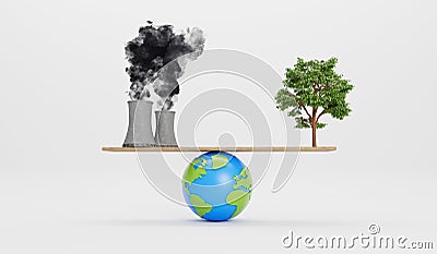 Polluting factory and green tree balancing on a globe. Save the world concept. 3D Rendering Stock Photo