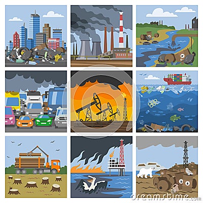 Pollution environment vector polluted air smog or toxic smoke of industrial city illustration cityscape set of Vector Illustration