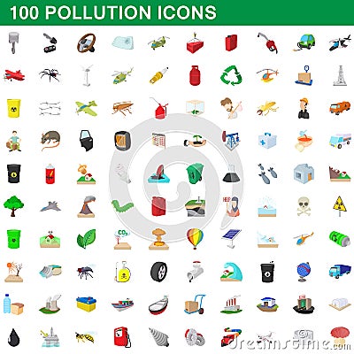 100 pollution icons set, cartoon style Vector Illustration