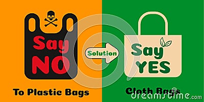 Pollution problem concept. Say no to plastic bags. Cartoon styled images with signage calling for stop using disposable polythene Cartoon Illustration