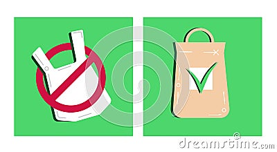 Pollution problem concept.Say no to plastic bags,textile bag.Cartoon styled images with signage stop using disposable polythene pa Vector Illustration