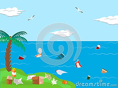 Pollution sea ocean concept, tropical shore place flat vector illustration. Environmental contamination plastic metal Vector Illustration