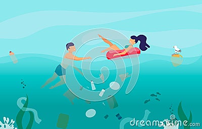 Pollution of the world's oceans and the environment. The girl and the guy are swimming in the sea. Flat vector illustration. Vector Illustration