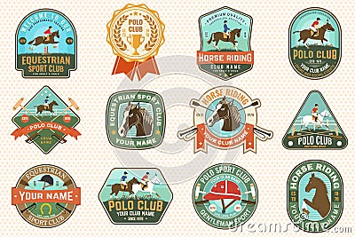 Polo sport club and horse riding patches, emblems, logos. Vector illustration. Color equestrian label, sticker with Vector Illustration