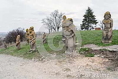 Polovtsian women - gravestone statues of the IX-XIII centuries. Pagan culture. Sculptures from Kremyanets mountain, near the city Stock Photo