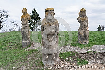 Polovtsian women - gravestone statues of the IX-XIII centuries. Pagan culture. Sculptures from Kremyanets mountain, near the city Stock Photo