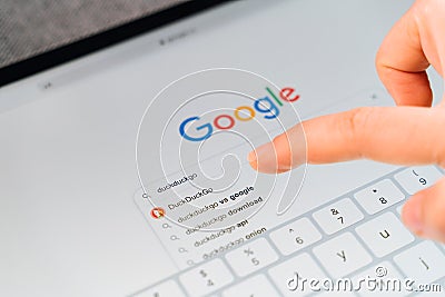 Poltava, Ukraine - Jan 2021 Googling duckduckgo searching engine for private online usage. Data security online Editorial Stock Photo