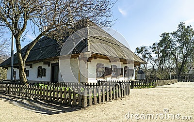 Old traditional village house in the background of the garden. Clay white walls and plank roof Stock Photo