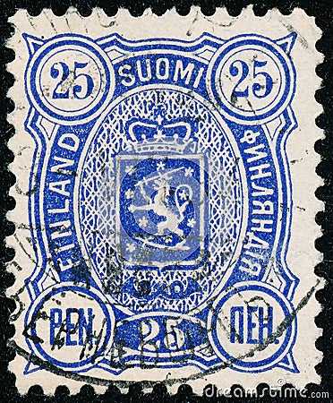Vintage stamp printed in Finland 1889 show coat of arms Editorial Stock Photo