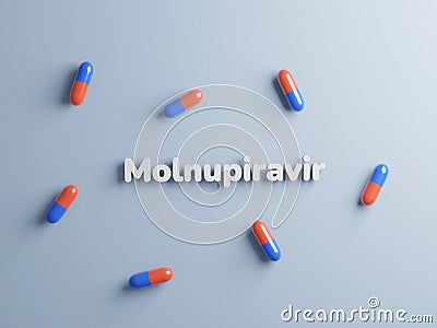 Poltava, Ukraine - 19 October 2021 Molnupiravir pills, treatment of covid. Coronavirus medication, 3d render. Flat lay Cartoon Illustration