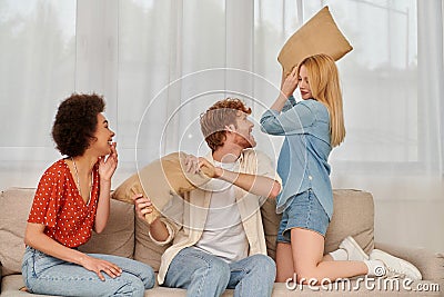 polyamorous concept, group relationship, cheerful multicultural Stock Photo