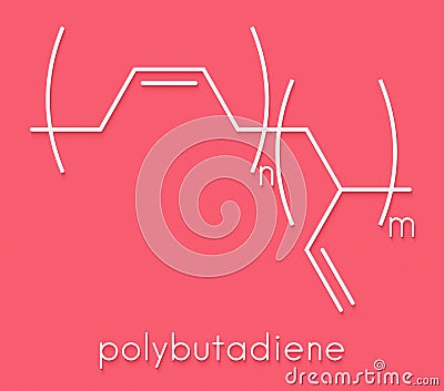 Polybutadiene butadiene rubber polymer, chemical structure. Used in manufacture of tires, golf balls, etc. Skeletal formula. Stock Photo