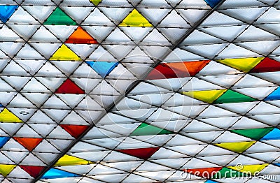 Polycarbonate roof. Awning of building. Colorful plastic roof with modern pattern. Triangle polycarbonate sheet decorate canopy. Stock Photo