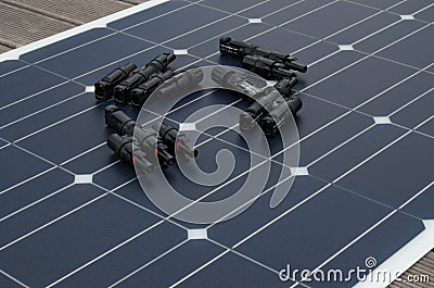 Polycrystalline flexible solar panel for yacht. Connectors for connecting the solar panel Stock Photo