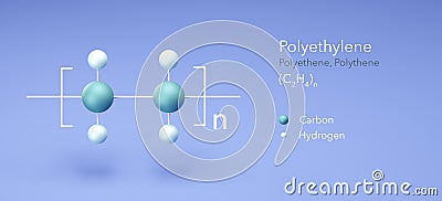 Polyethylene, polyethene, molecular structures, 3d rendering, Structural Chemical Formula and Atoms with Color Coding Stock Photo