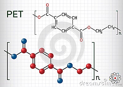 Polyethylene terephthalate or PET, PETE polyester, thermoplastic polymer molecule. Structural chemical formula and molecule model Vector Illustration