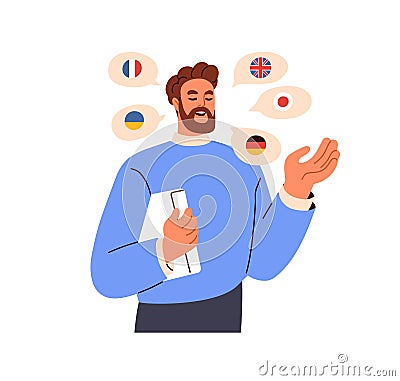 Polyglot, multilingual speaker. Man speaking many different foreign languages, talking, studying, knowing English Vector Illustration