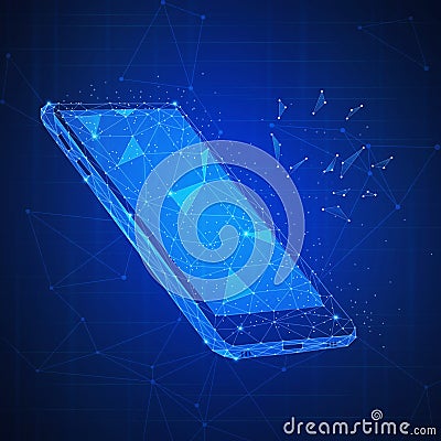 Polygon 3d smartphone on blockchain hud banner. Stock Photo