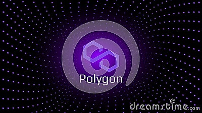 Polygon MATIC token symbol cryptocurrency in the center of spiral of glowing dots on dark background. Vector Illustration