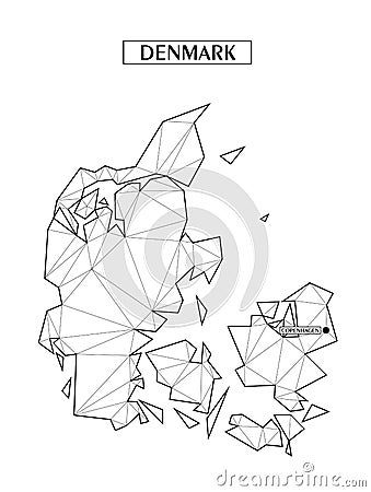 Polygonal abstract map of Denmark with connected triangular shapes formed from lines. Capital of city - Copenhagen. Good Vector Illustration