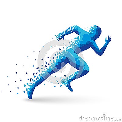 Polygonal athlete sprinter, starts. The blue triangles are scattered. On white background with shadow. For your design. Vector Illustration
