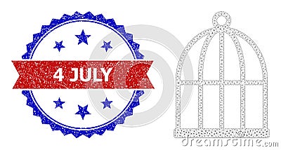 Triangular Mesh Bird Cell Icon and Scratched Bicolor 4 July Watermark Vector Illustration