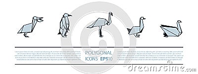 Polygonal Birds Linear Icons Set. Low poly waterfowl bird icon for banner such as pelican, penguin, flamingo and swan. Vector Illustration