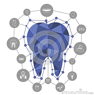 Polygonal blue vector tooth icon with dental icons Vector Illustration