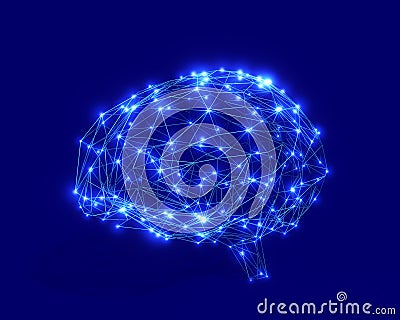 Polygonal brain shape with glowing lines and dots. Stock Photo